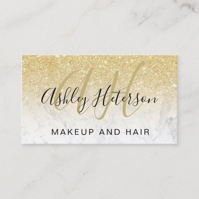 mit Monogramm Marble-Chic-Gold-Glitzer-Skript Visitenkarte (Vorderseite)
