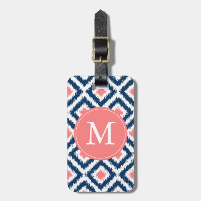 Mit Monogramm Marine-Blau-korallenrotes Diamanten Gepäckanhänger (Vorderseite vertikal)