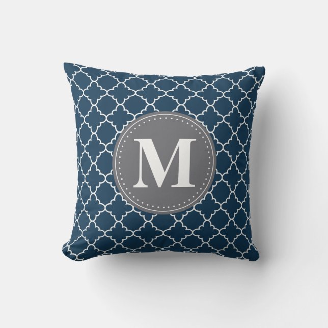 Mit Monogramm marokkanisches Gitter in der Marine  Kissen (Vorderseite)