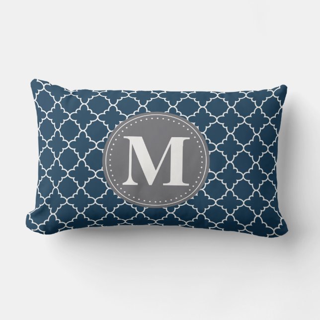 Mit Monogramm marokkanisches Gitter in der Marine  Lendenkissen (Vorderseite)