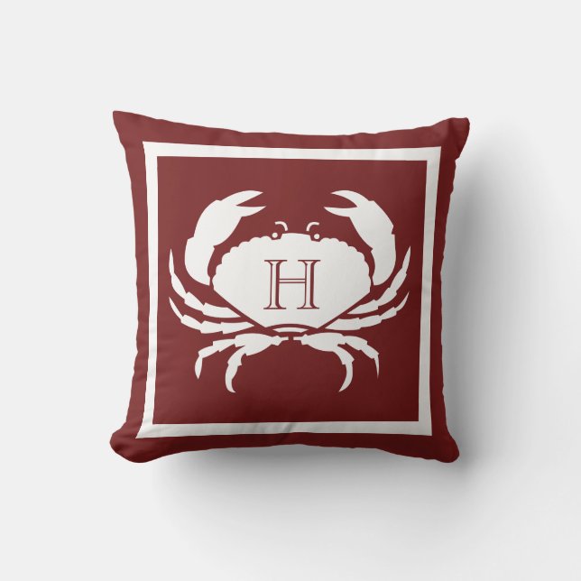 Mit Monogramm Maroon Rust Red White Crab Nautical Kissen (Vorderseite)