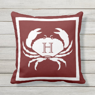 Mit Monogramm Maroon Rust Red White Crab Nautical Kissen