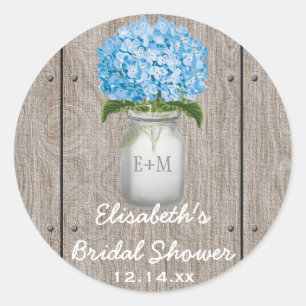Mit Monogramm Mason Jar Blue Hydrangea Brautparty Runder Aufkleber
