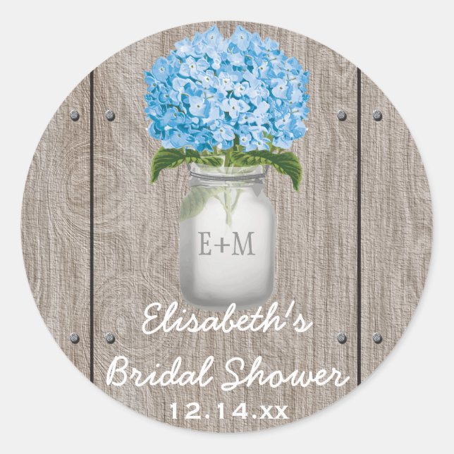 Mit Monogramm Mason Jar Blue Hydrangea Brautparty Runder Aufkleber (Vorderseite)