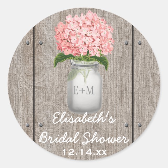 Mit Monogramm Mason Jar Pink Hydrangea Brautparty Runder Aufkleber (Vorderseite)