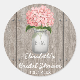 Mit Monogramm Mason Jar Pink Hydrangea Brautparty Runder Aufkleber
