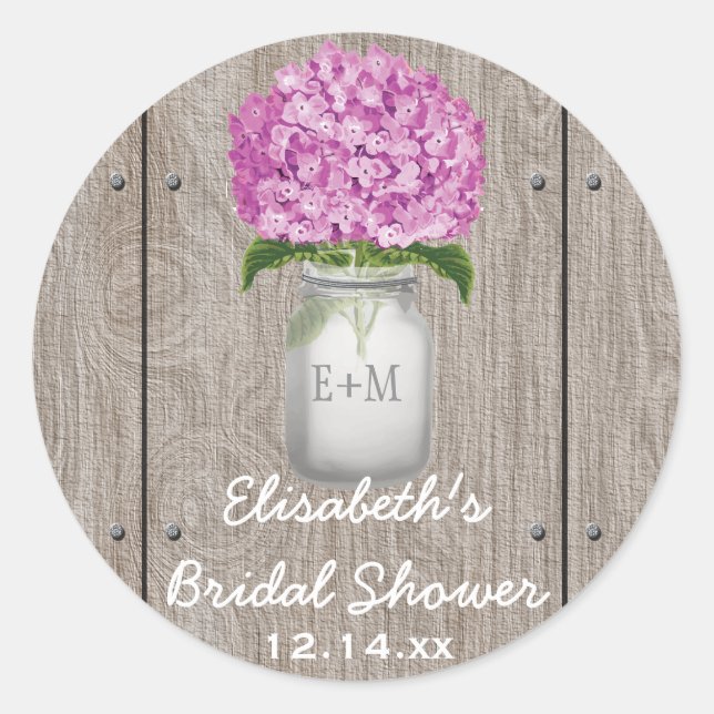 Mit Monogramm Mason Jar Plum Hydrangea Brautparty Runder Aufkleber (Vorderseite)