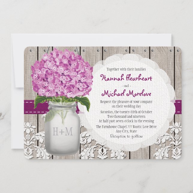 Mit Monogramm Mason Jar Plum Hydrangea Wedding Einladung (Vorderseite)