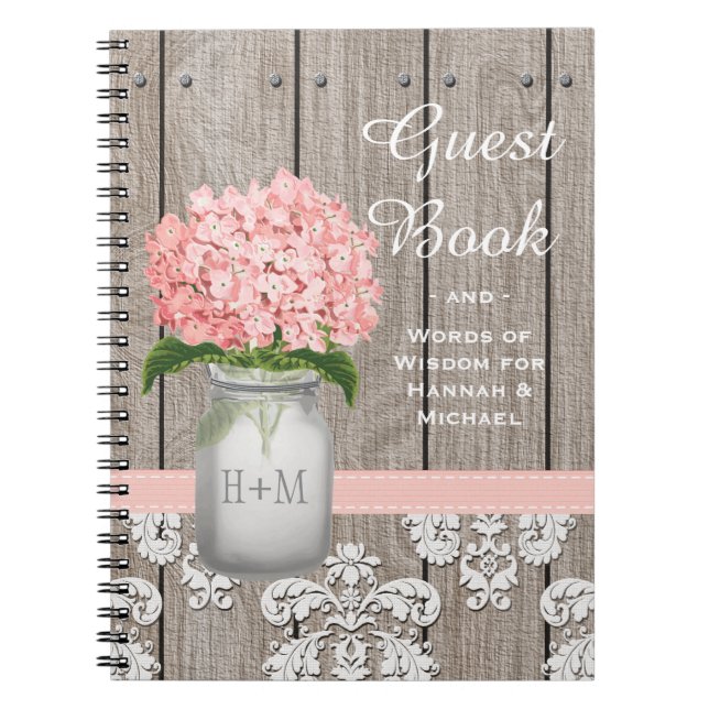Mit Monogramm Maurer-Glas-Rosahydrangea-Gast-Buch Notizblock (Vorderseite)