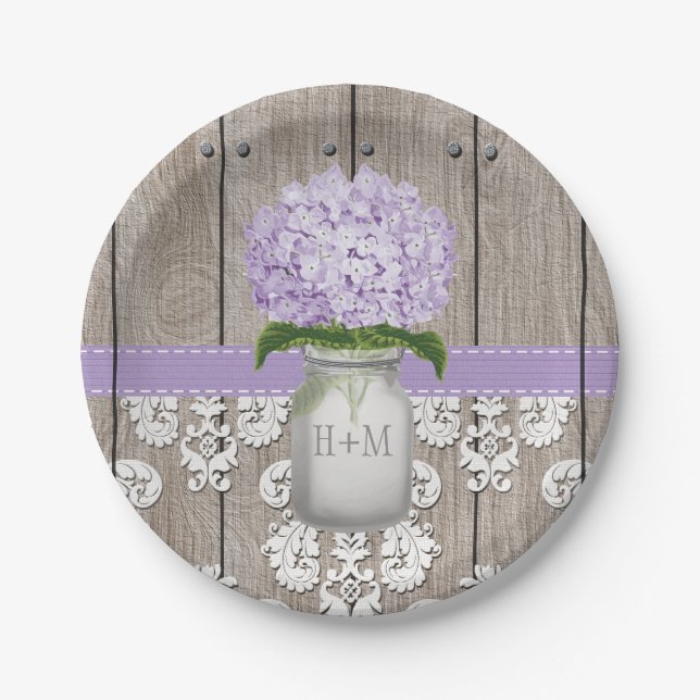 Mit Monogramm Maurer-Glaslila Hydrangea-Hochzeit Pappteller (Vorderseite)