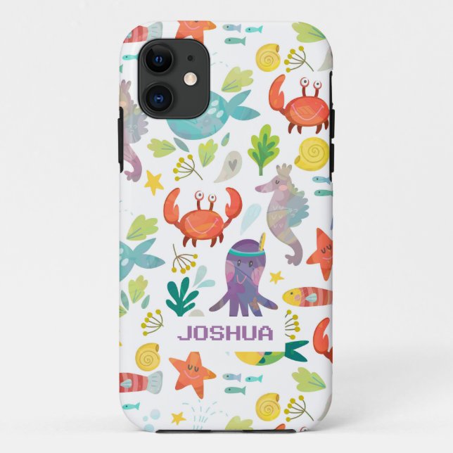 Mit Monogramm mehrfarbige Meerestiere von Cartoon Case-Mate iPhone Hülle (Rückseite)