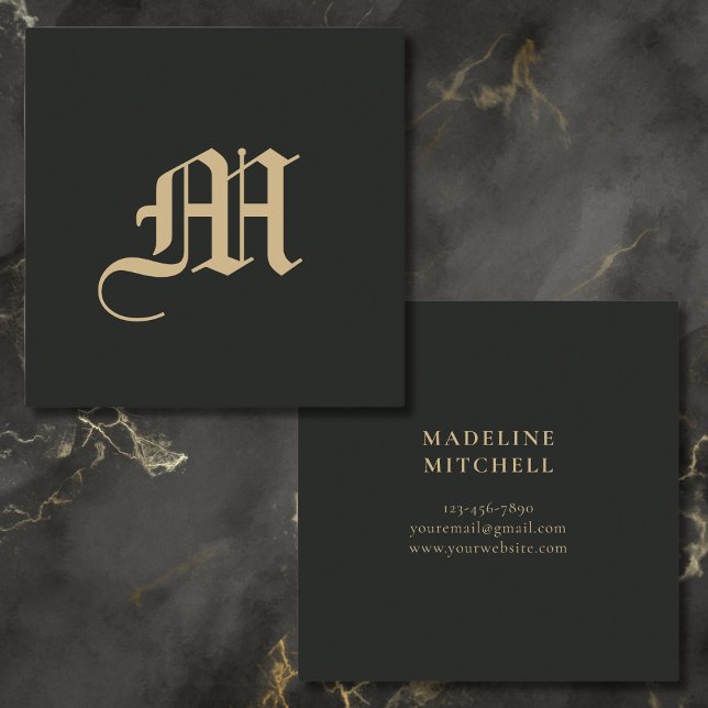 Mit Monogramm Minimal Elegante Verziertes Schwarze Quadratische Visitenkarte (Von Creator hochgeladen)