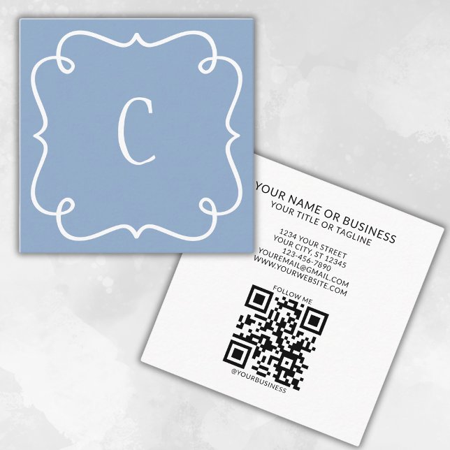 Mit Monogramm Minimal Trendy Unique Blue QR Code Quadratische Visitenkarte (Von Creator hochgeladen)