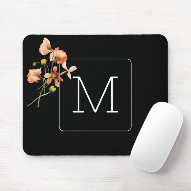 Mit Monogramm Minimalistischer Blumenschwarz Mousepad (Mit Mouse)