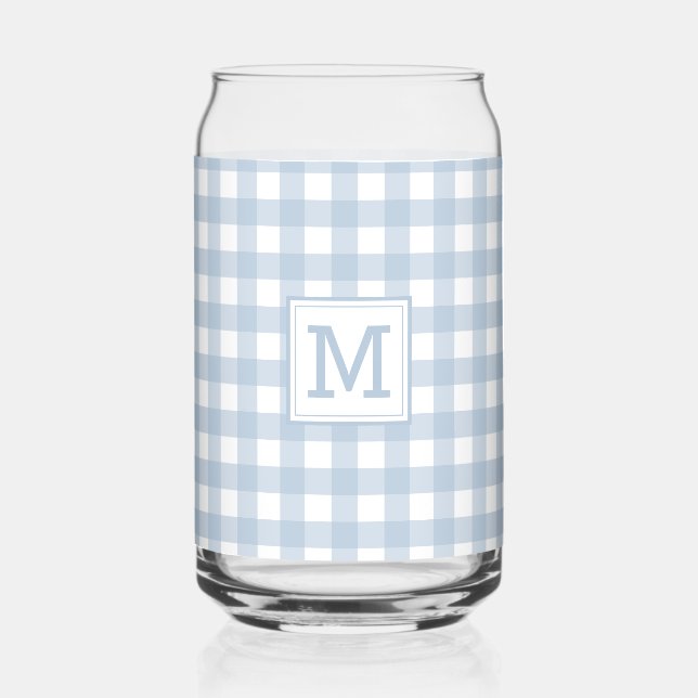 Mit Monogramm Minimalistisches Blue Gingham Karier Dosenglas (Vorderseite)