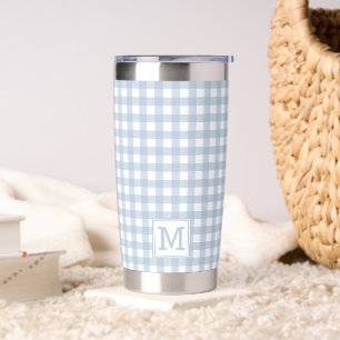 Mit Monogramm Minimalistisches Blue Gingham Karier Thermobecher