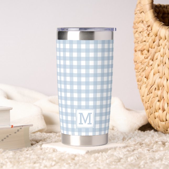 Mit Monogramm Minimalistisches Blue Gingham Karier Thermobecher (Wohnzimmer)
