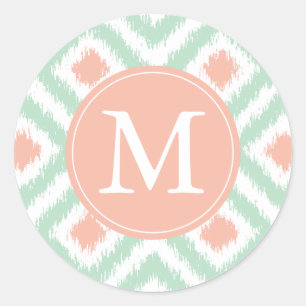 Mit Monogramm-Minze Korallendiamanten Ikat-Muster Runder Aufkleber