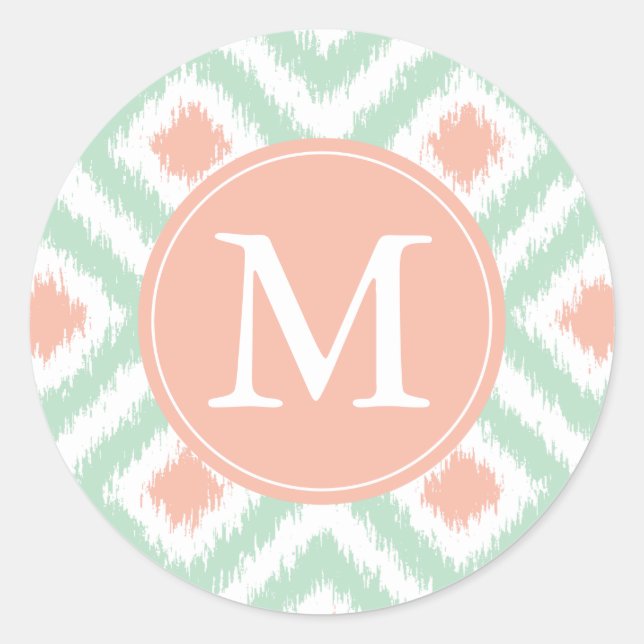 Mit Monogramm-Minze Korallendiamanten Ikat-Muster Runder Aufkleber (Vorderseite)