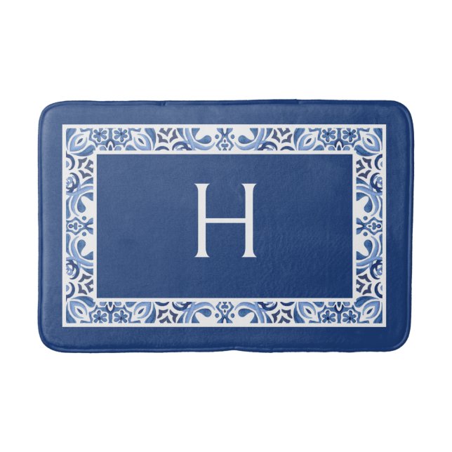 Mit Monogramm Mittelmeer Aquarellfliesen Badematte (Vorderseite)