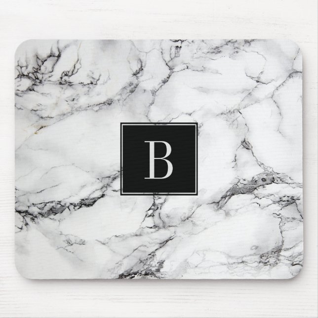 Mit Monogramm moderne graue und weiße Marmortextur Mousepad (Vorne)