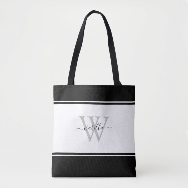 Mit Monogramm moderne Schrift Schwarz-weiß Tasche (Vorderseite)