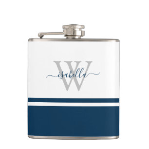 Mit Monogramm moderne Script Navy Flachmann