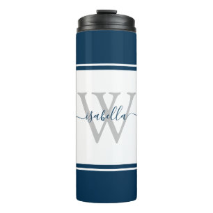 Mit Monogramm moderne Script Navy Thermosbecher