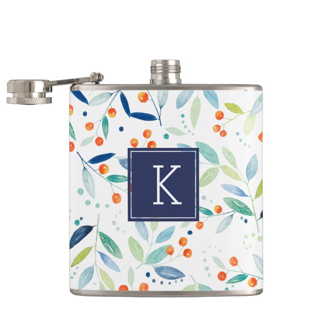 Mit Monogramm Moderne Wasserfarben Botanisches Mus Flachmann (Geöffnet)
