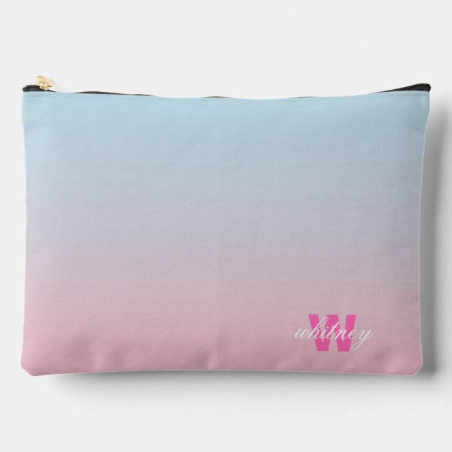 Mit Monogramm, moderner Chic Pink Blue Pastel Ombr Zubehörtasche (Vorderseite)