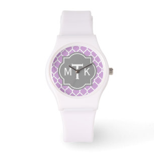 Mit Monogramm modernes Grau- und Lilac-Lattice-Mus Armbanduhr
