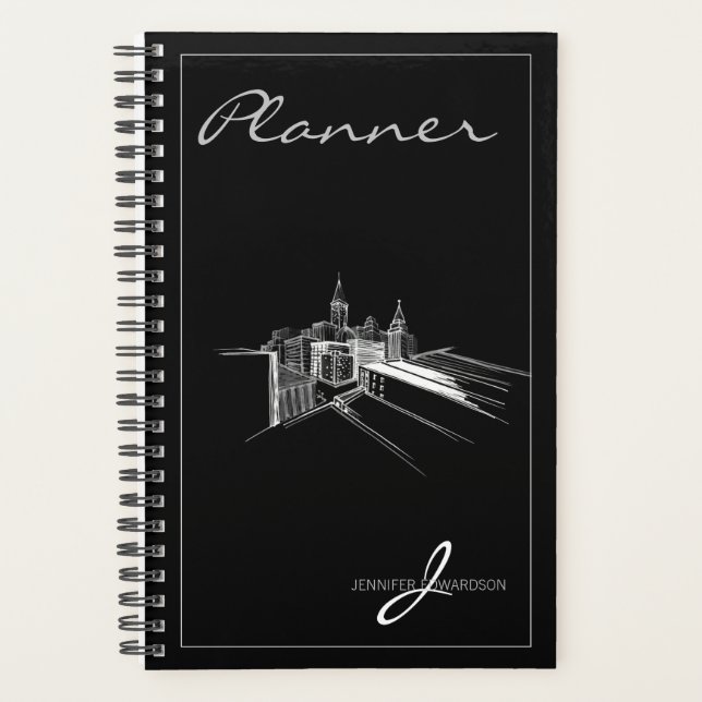 Mit Monogramm Modernes Schwarzes Elegantes Stadtbi Planer (Vorderseite)