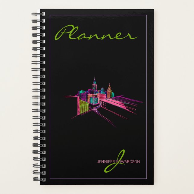 Mit Monogramm Modernes Schwarzes Elegantes Stadtbi Planer (Vorderseite)