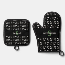 Mit Monogramm Musik Schwarz-weiße musikalische Bem Ofenhandschuh & Topflappen-Set