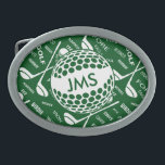 Mit Monogramm Muster für den Golfspieler Ovale Gürtelschnalle<br><div class="desc">Spielt personalisierter Sport themed Entwurf in Grünem und im Weiß Golf. Er kennzeichnet einen Goldball, der mit Monogramminitialen und einem Hintergrundmuster der Golfvereine, der Golfbälle und der verschiedenen Golf spielenden Ausdrucktypographie besonders angefertigt werden kann - ganz zusammengebracht worden, um ein einzigartiges personalisiertes Golf spielendes Geschenk für den Pro- oder Amateurgolfspieler...</div>