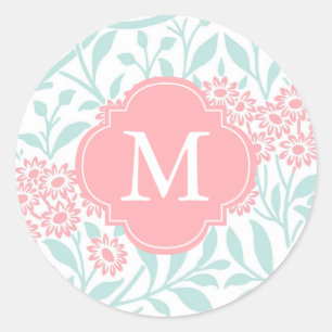 Mit Monogramm Muster für die Korallenflora Runder Aufkleber