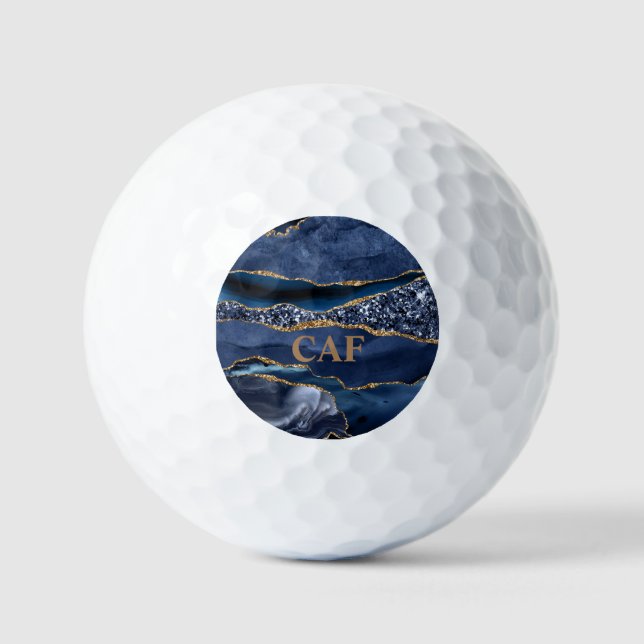 Mit Monogramm Name Blue Gold Glitzer Agate Marble Golfball (Vorderseite)