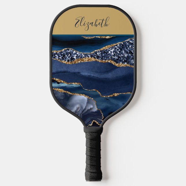 Mit Monogramm Name Blue Gold Glitzer Glam Trendy Pickleball Schläger (Vorderseite)