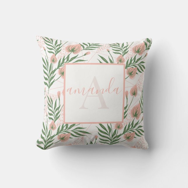 Mit Monogramm Name Floral Pink Grünes Pastellmuste Kissen (Vorderseite)