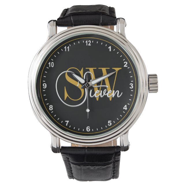 Mit Monogramm Name und dunkle moderne Unterschrift Armbanduhr (Vorderseite)