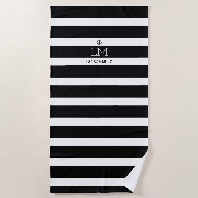 mit Monogramm nautische schwarz-weiße Streifen Strandtuch (Vorderseite)