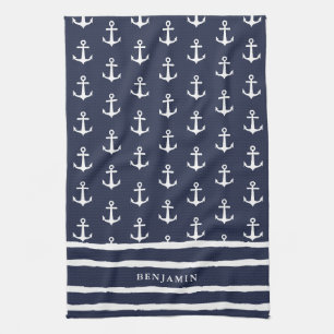 Mit Monogramm Navy Blue Anchor Nautic Geschirrtuch
