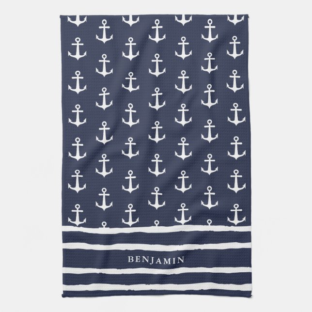 Mit Monogramm Navy Blue Anchor Nautic Geschirrtuch (Vertikal)