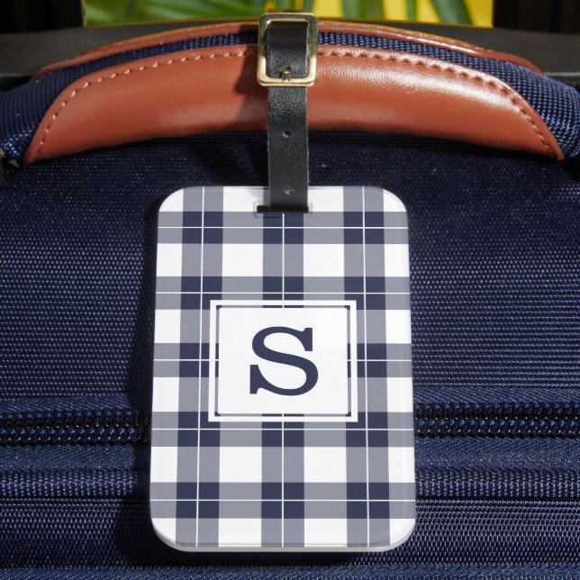 Mit Monogramm Navy Blue and White Kariert Pattern Gepäckanhänger (Vorderseite Insitu 2)