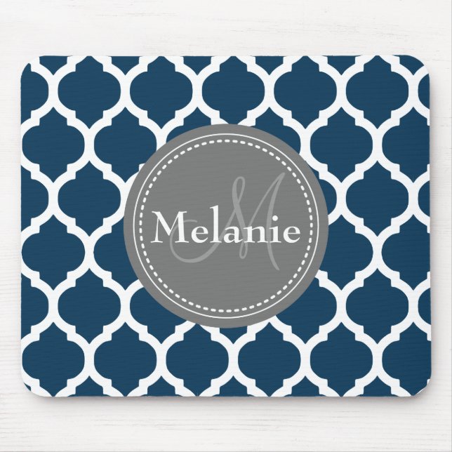 Mit Monogramm Navy Blue & Gray Quatrefolie Mousepad (Vorne)