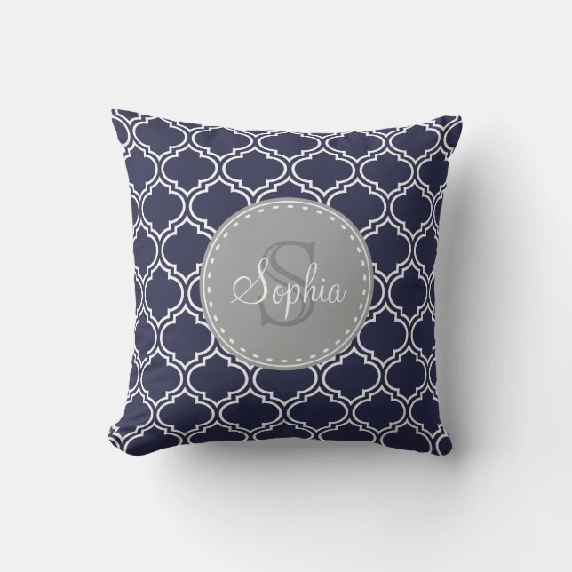 Mit Monogramm Navy Blue Lattice Muster Kissen (Vorderseite)
