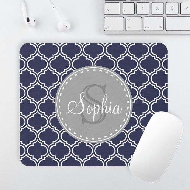 Mit Monogramm Navy Blue Lattice Muster Mousepad (Von Creator hochgeladen)