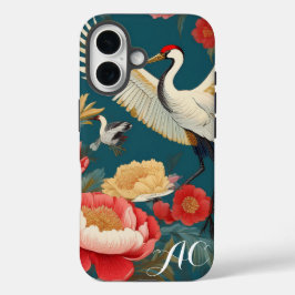 Mit Monogramm Navy Blue Peonies & Crane Chinoiseri iPhone 16 Hülle