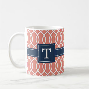 Mit Monogramm Navy Blue Pink Lattice Muster Kaffeetasse