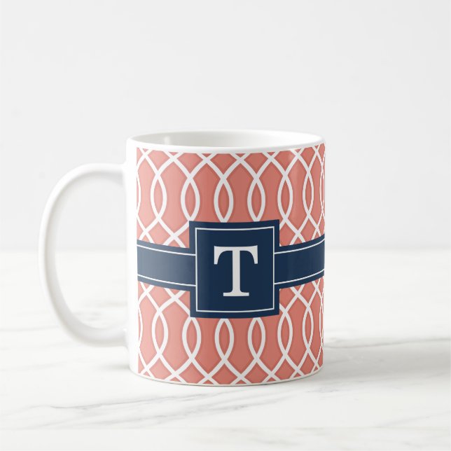 Mit Monogramm Navy Blue Pink Lattice Muster Kaffeetasse (Links)